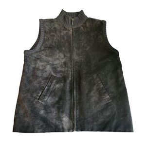 Lauren Ralph Lauren Womens Black Leather Vest Large Merino Wool Cashmere‎ Zip